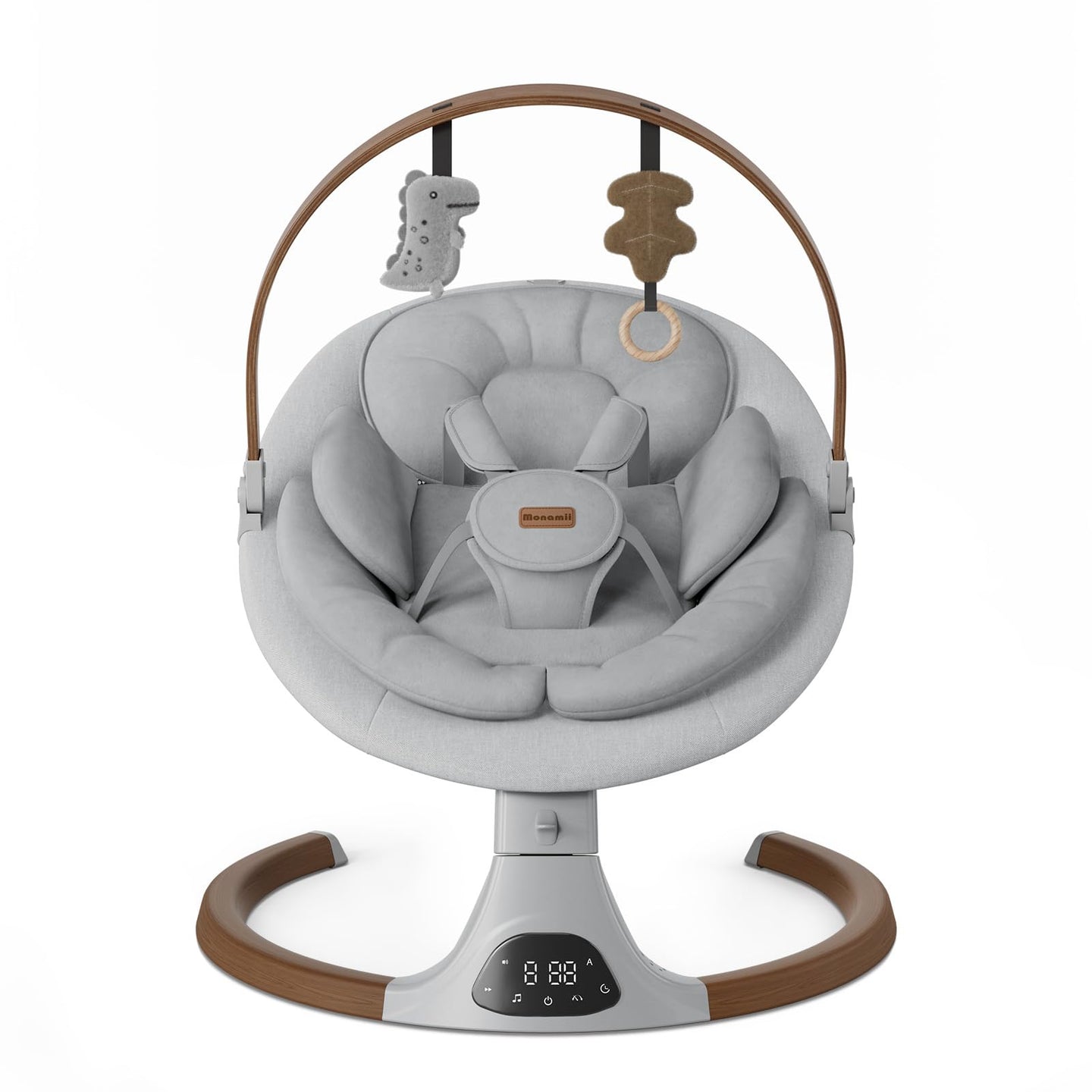 Stylish baby swing for infants with plush seat and hanging toys, perfect for calm, hands-free moments for new moms.