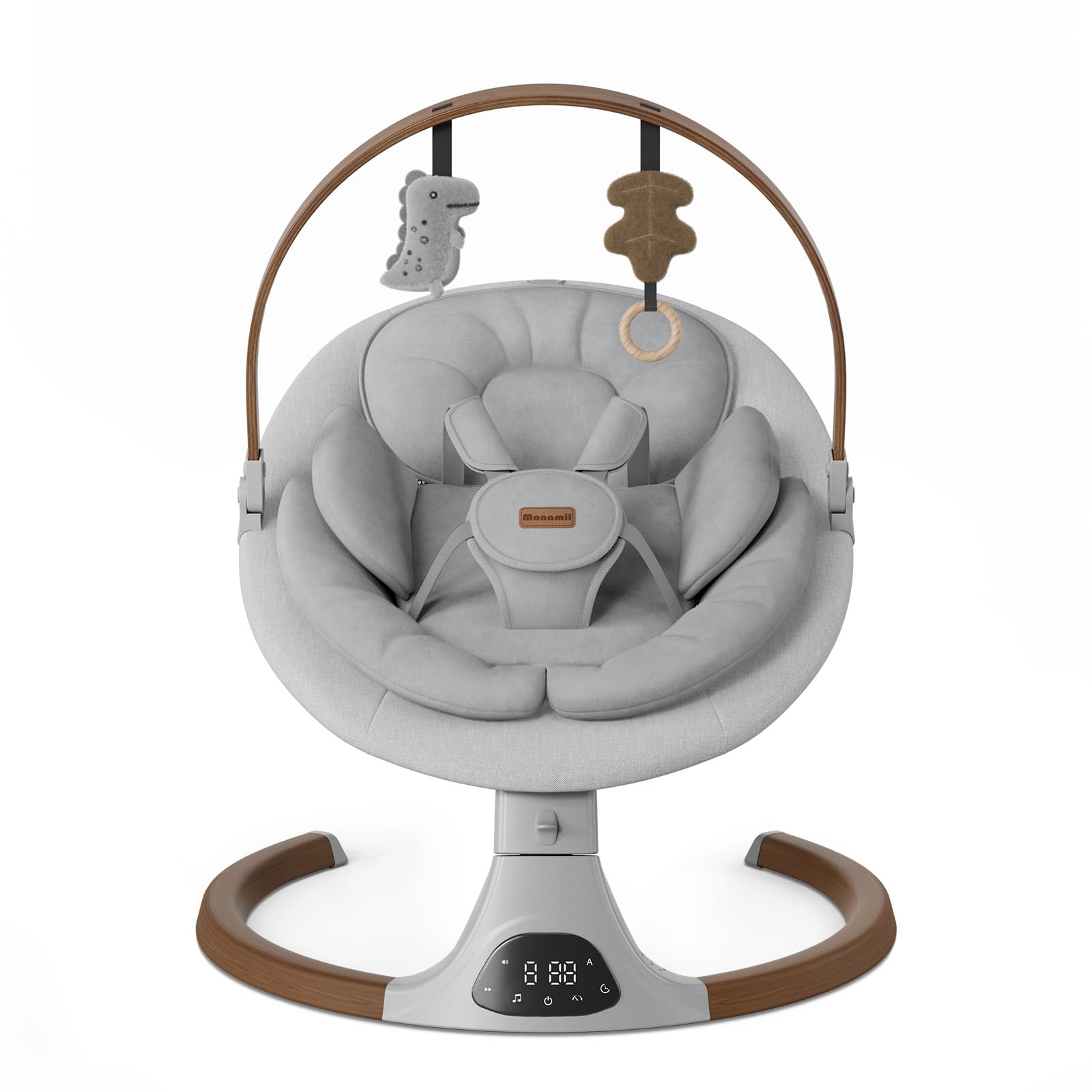 Stylish baby swing for infants with plush seat and hanging toys, perfect for calm, hands-free moments for new moms.