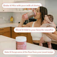 Three ways to use Boobie Body: shake it with your milk of choice, blend it into a smoothie, or bake with it in place of some flour