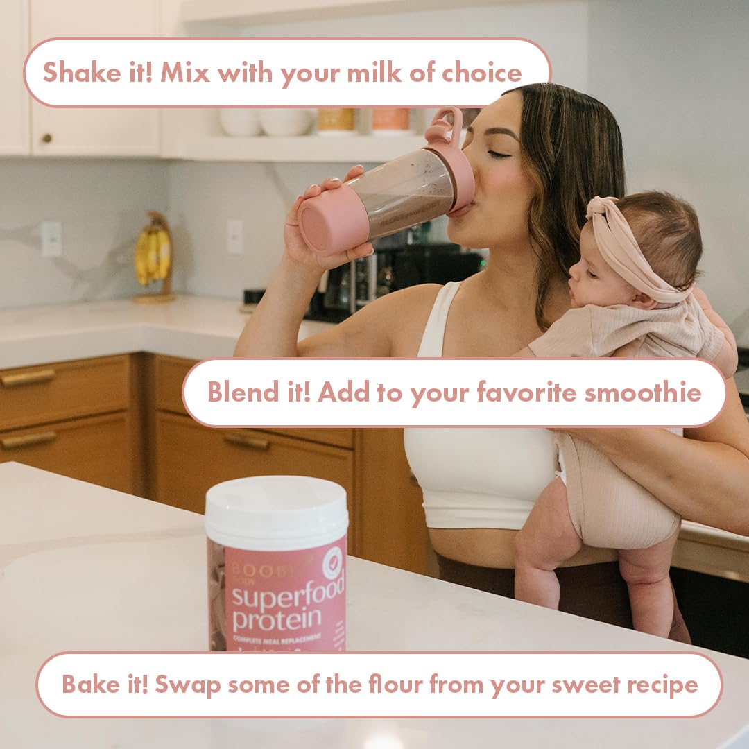 Three ways to use Boobie Body: shake it with your milk of choice, blend it into a smoothie, or bake with it in place of some flour