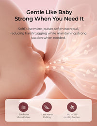 Illustration of Momcozy's SoftPulse suction using micro-pulses instead of continuous pulling, with suction up to 295 mmHg.