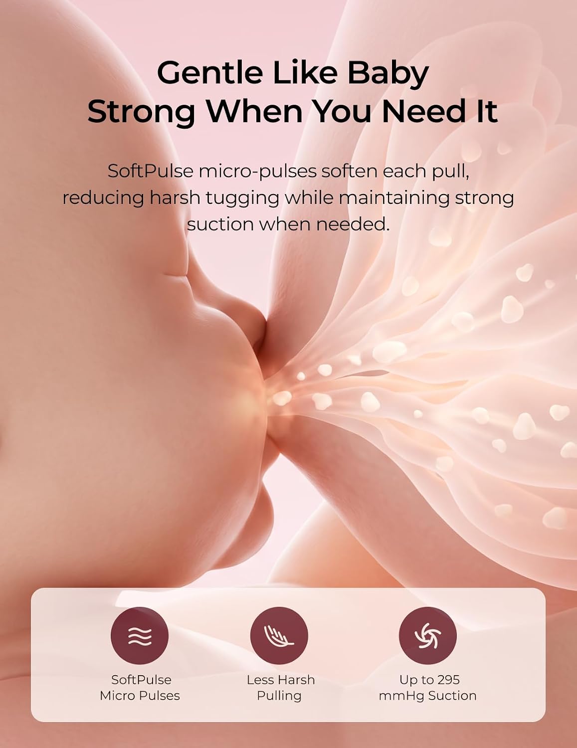 Illustration of Momcozy's SoftPulse suction using micro-pulses instead of continuous pulling, with suction up to 295 mmHg.