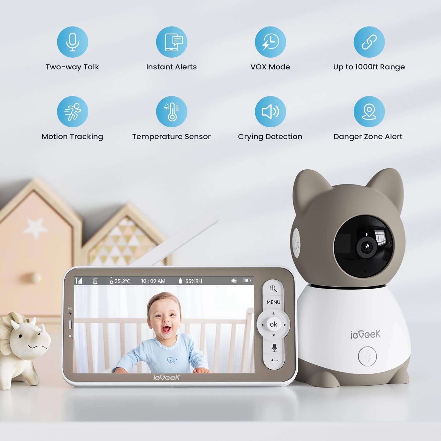 ieGeek 2K Baby Monitor with 5" screen, features night vision, two-way talk, and motion tracking for baby monitoring.