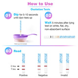 How to use Easy@Home Ovulation and Pregnancy Test Kit with steps for dipping, waiting, and reading results.