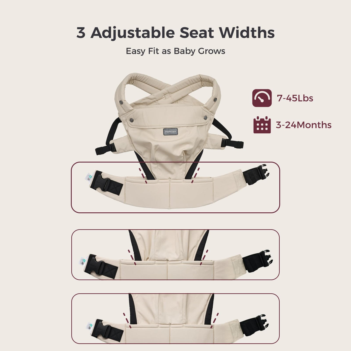 Momcozy PureHug three adjustable seat widths for babies 7-45 lbs and 3-24 months