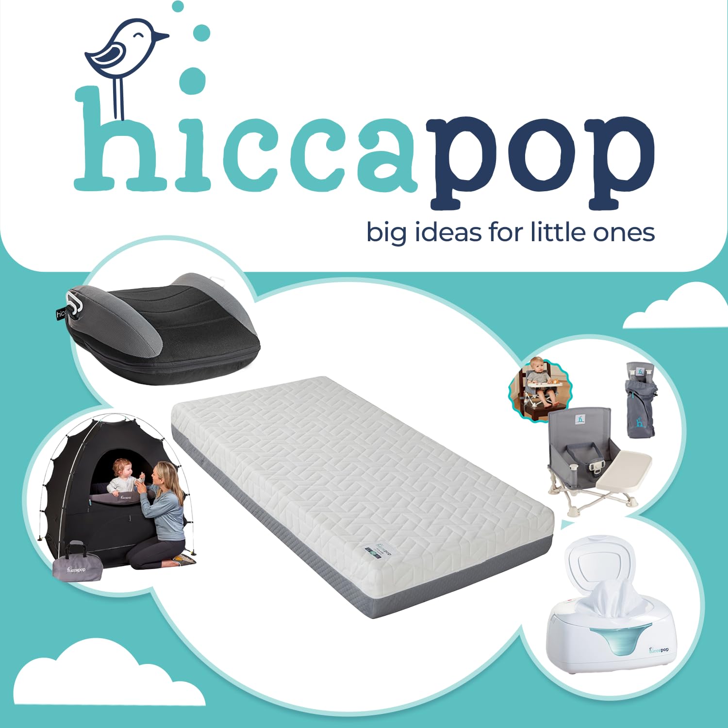 Waterproof crib mattress from Hiccapop, showcasing dual-sided design and additional baby products.