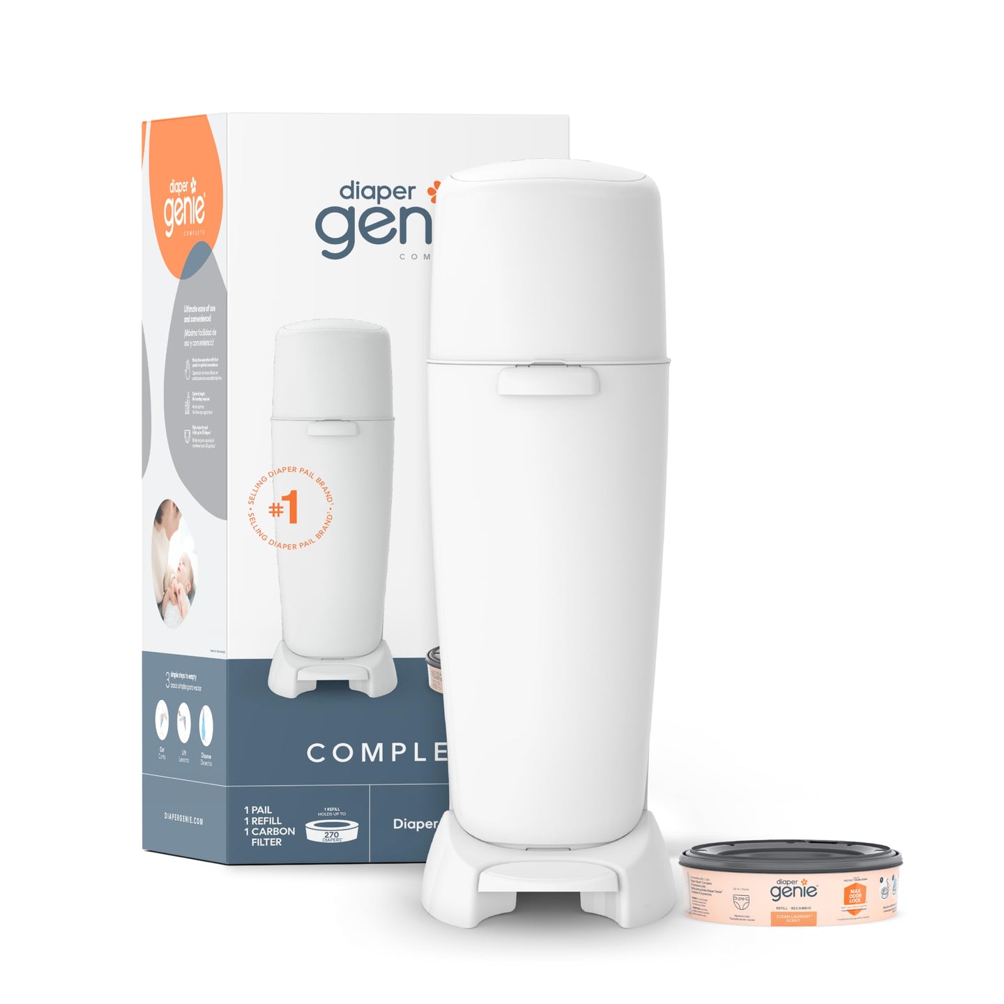 Playtex Diaper Genie Complete diaper pail with packaging, designed for odor control and nursery cleanliness.