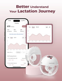 Hands free wearable breast pump with smart app data tracking for lactation journey.