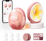 Momcozy Wellness 1 two-pack: two rose-pink wearable breast pumps, one showing the 180ml collector scale and one showing the heated flange and five massage nodes, with the app paired to left and right pumps, six flange inserts, two caps and a flange size ruler.