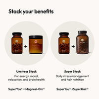 Stack of Moon Juice SuperYou, Magnesi-Om, and SuperHair supplements for stress relief supplements for women.