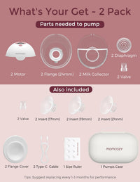 Hands free wearable breast pump parts including motors, flanges, milk collectors, and other accessories.