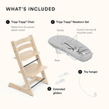 Stokke Tripp Trapp High Chair includes chair, Newborn Set with cushion, harness, extended gliders, and toy hanger for baby high chair.
