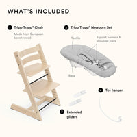 Stokke Tripp Trapp High Chair includes chair, Newborn Set with cushion, harness, extended gliders, and toy hanger for baby high chair.