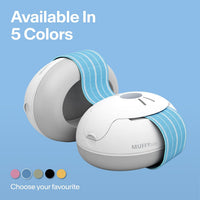 Alpine Muffy Baby earmuffs in white with a blue striped headband, shown with the five available colour options