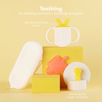 Teething product display featuring SmileFrida Finger Toothbrush and teething toys for soothing sore gums, part of a baby grooming kit