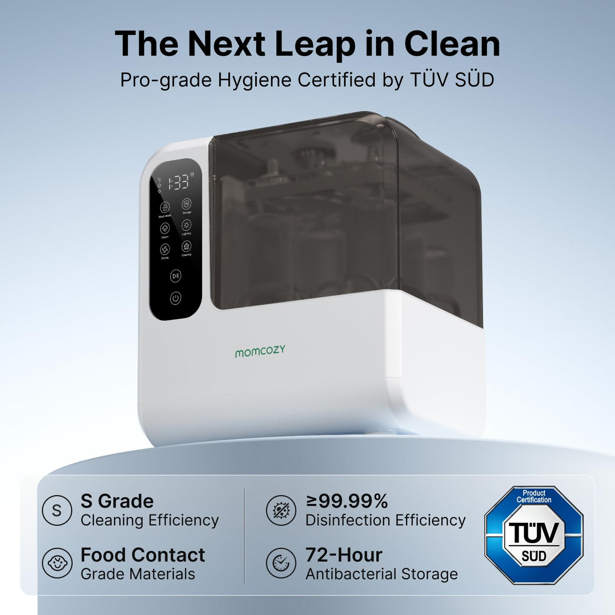Momcozy D8 baby bottle washer and sterilizer with Momcozy's TÜV SÜD certification claims