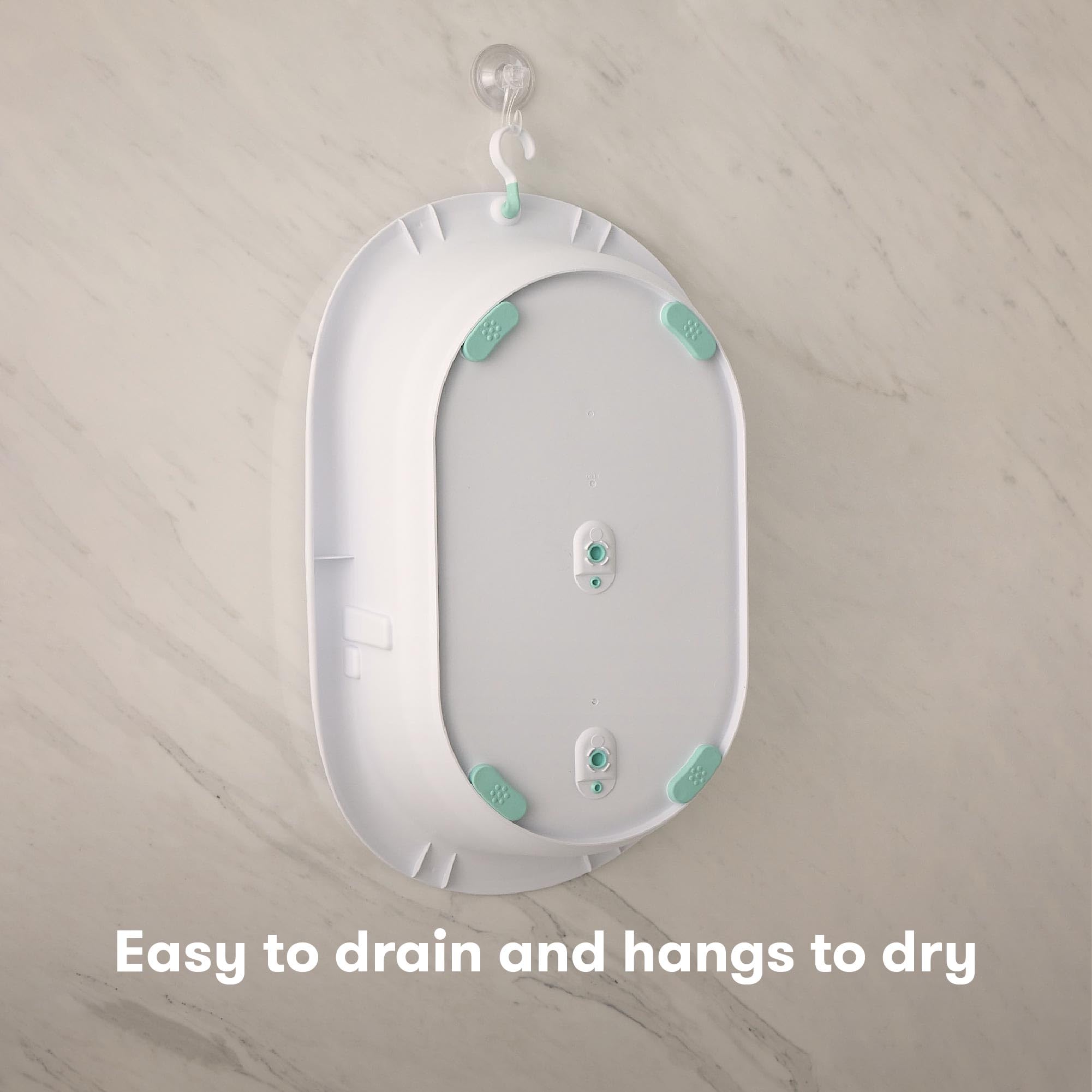 Baby bathtub design with easy drain and hanging feature for convenient drying.