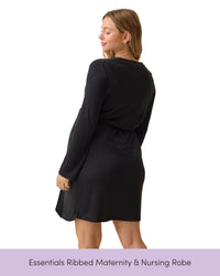 Back view of the black Kindred Bravely ribbed maternity robe showing its relaxed drape and above-the-knee length