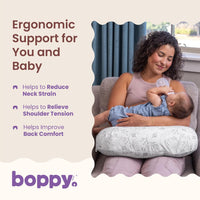 Boppy ergonomic support panel listing reduced neck strain, relieved shoulder tension and improved back comfort, beside a mother bottle-feeding in an armchair.