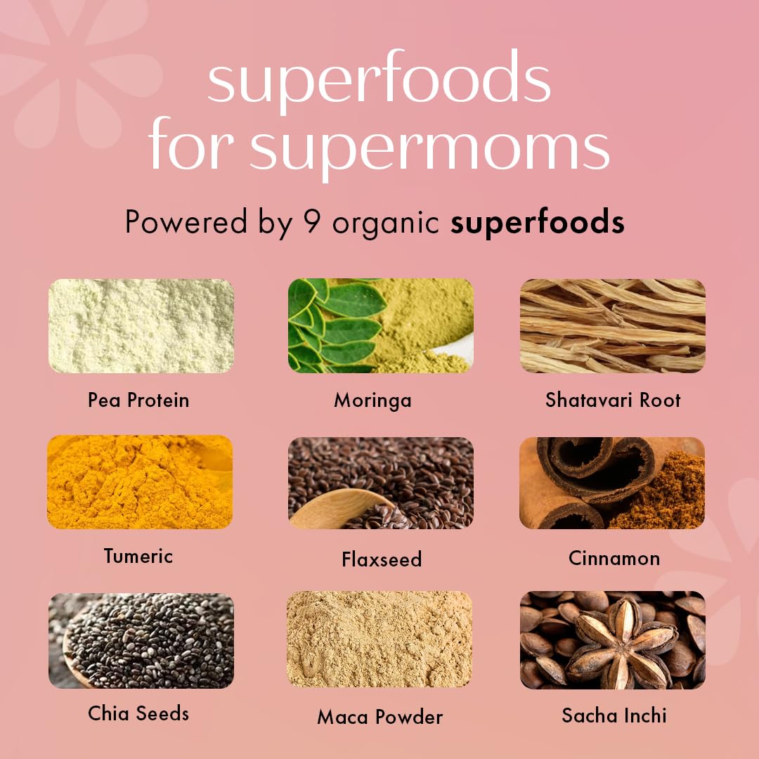 The nine organic superfoods in Boobie Body: pea protein, moringa, shatavari root, turmeric, flaxseed, cinnamon, chia seeds, maca powder and sacha inchi