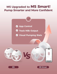 Hands free wearable breast pump comparison between M5 and M5 Smart with app control features.