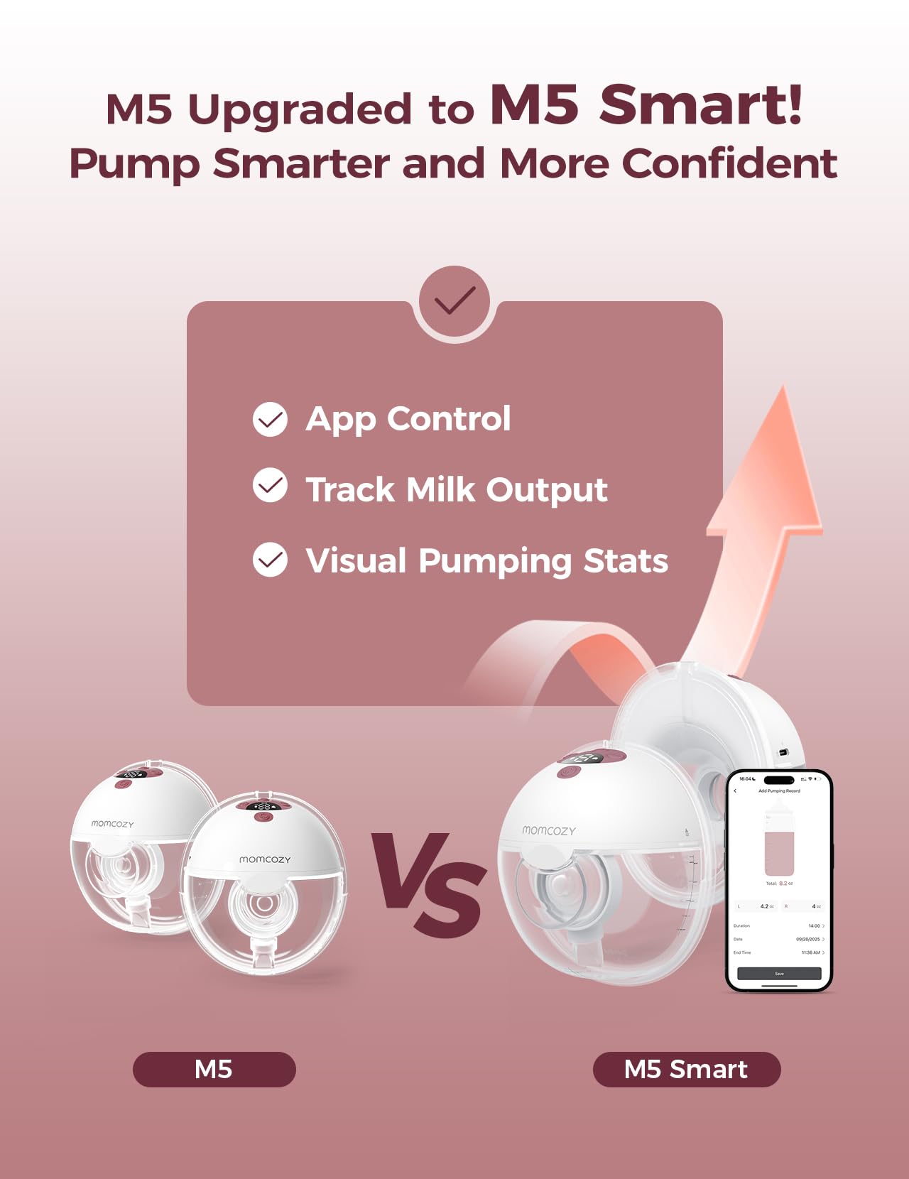Hands free wearable breast pump comparison between M5 and M5 Smart with app control features.