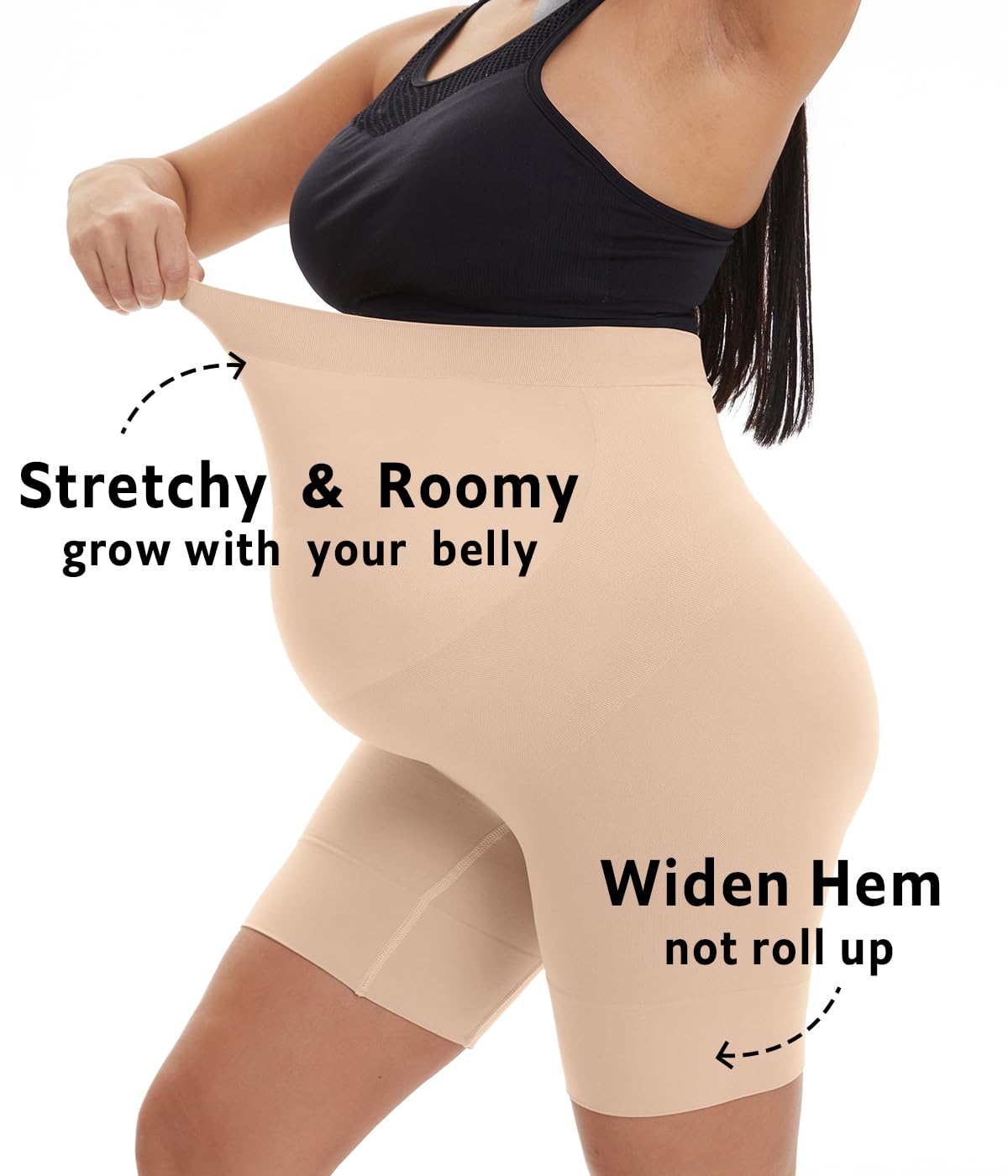 Postpartum shapewear showing stretchy and roomy design with wide hem for belly support.