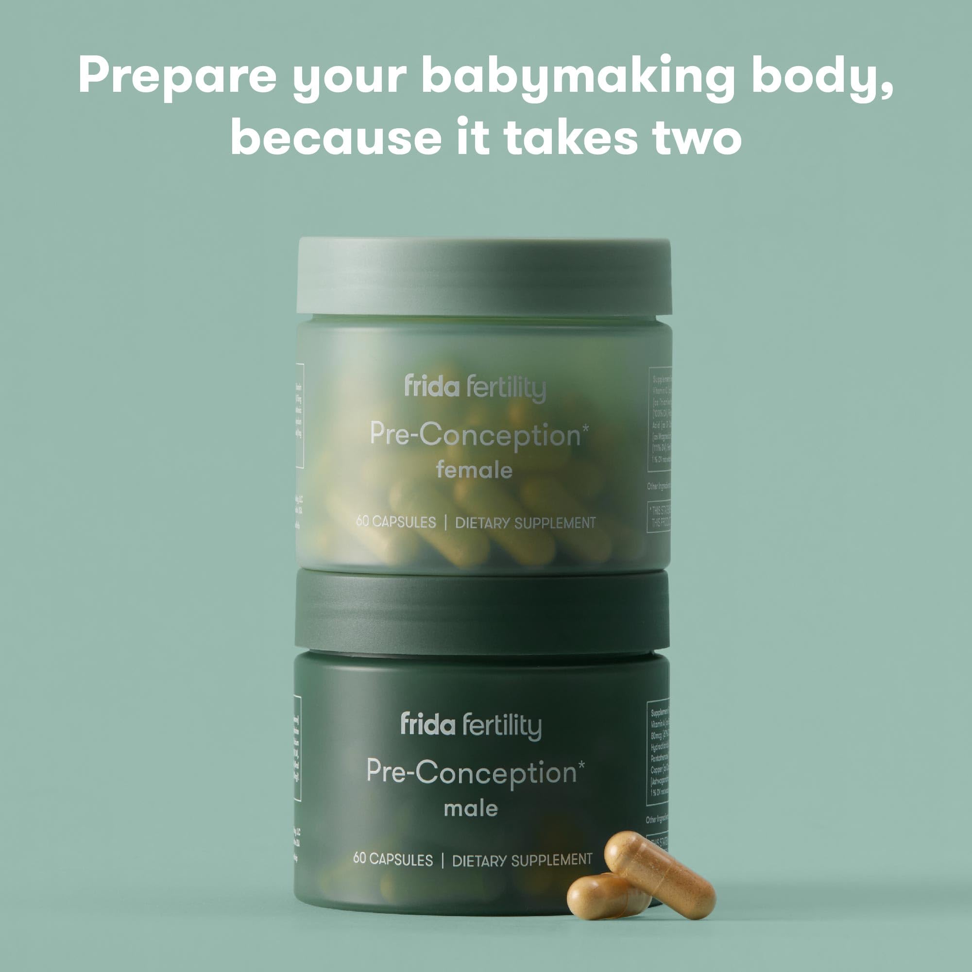 Fertility supplements for women and men in Frida Pre-Conception Set packaging on a green background.