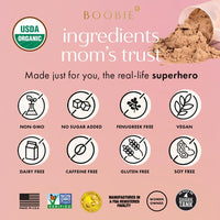 Boobie Body certifications: USDA Organic, non-GMO, fenugreek free, vegan, dairy free, caffeine free, gluten free and soy free