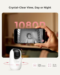 Baby monitor with camera showing 1080P crystal-clear view on smartphone, featuring night vision and zoom capabilities.