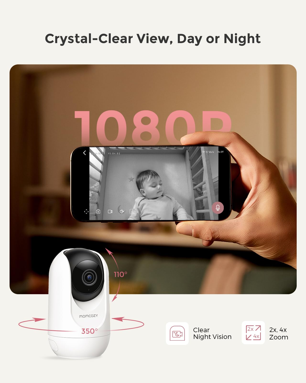 Baby monitor with camera showing 1080P crystal-clear view on smartphone, featuring night vision and zoom capabilities.