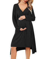 Ekouaer maternity nightgown and robe set featuring a pregnant woman in a black nursing outfit, ideal for motherhood.