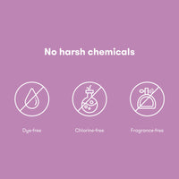 Postpartum pads features showing no harsh chemicals: dye-free, chlorine-free, and fragrance-free.