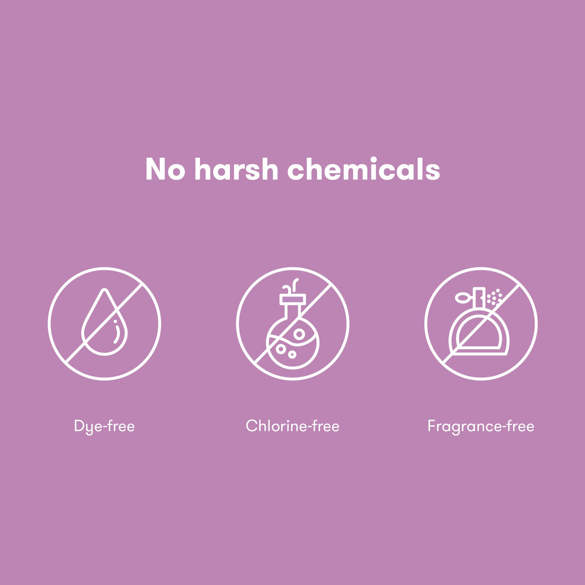 Postpartum pads features showing no harsh chemicals: dye-free, chlorine-free, and fragrance-free.