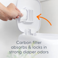 Carbon filter feature of the diaper pail absorbs and locks in strong diaper odors for effective odor control.
