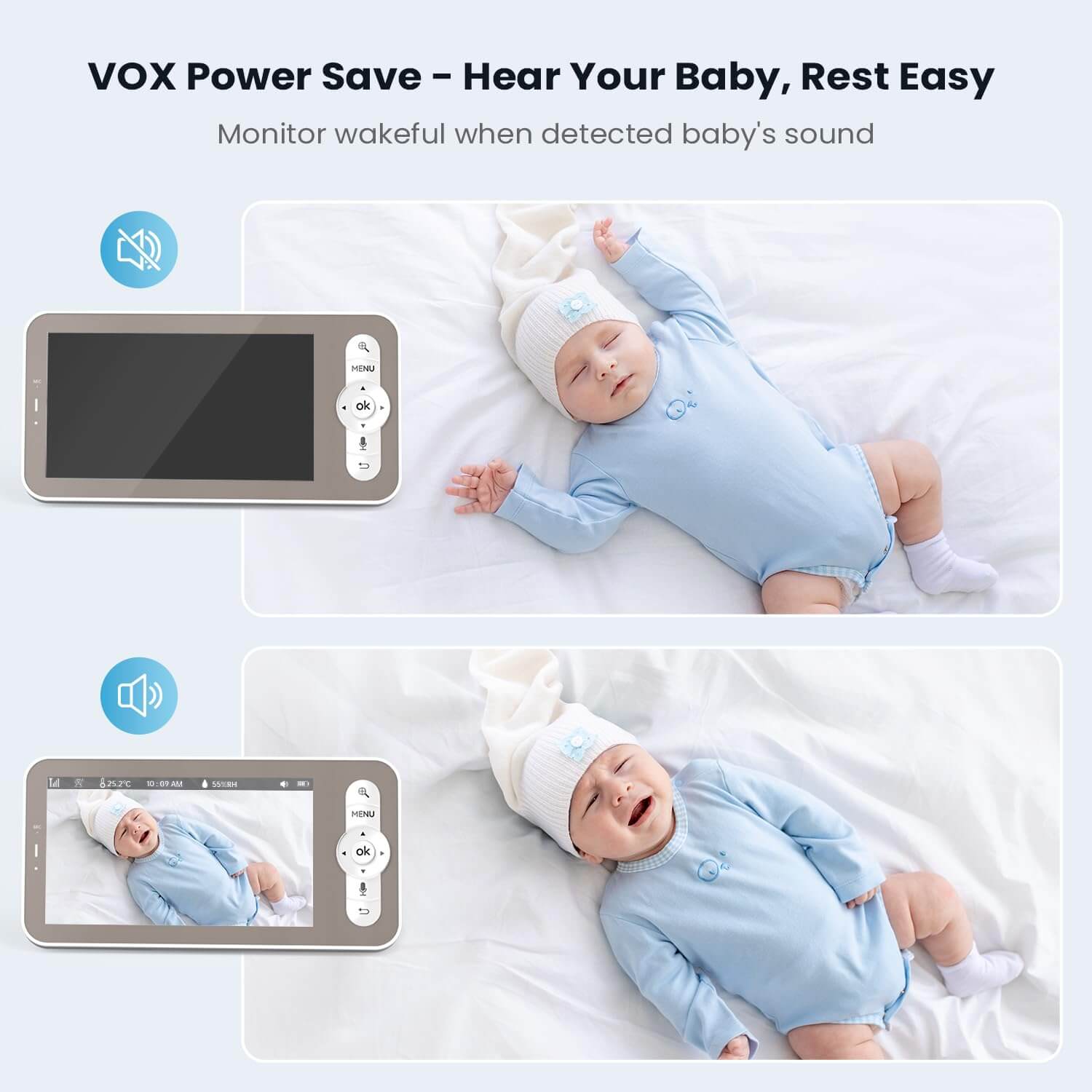 ieGeek baby monitor with VOX feature shows a sleeping baby and monitor screen for audio alerts.