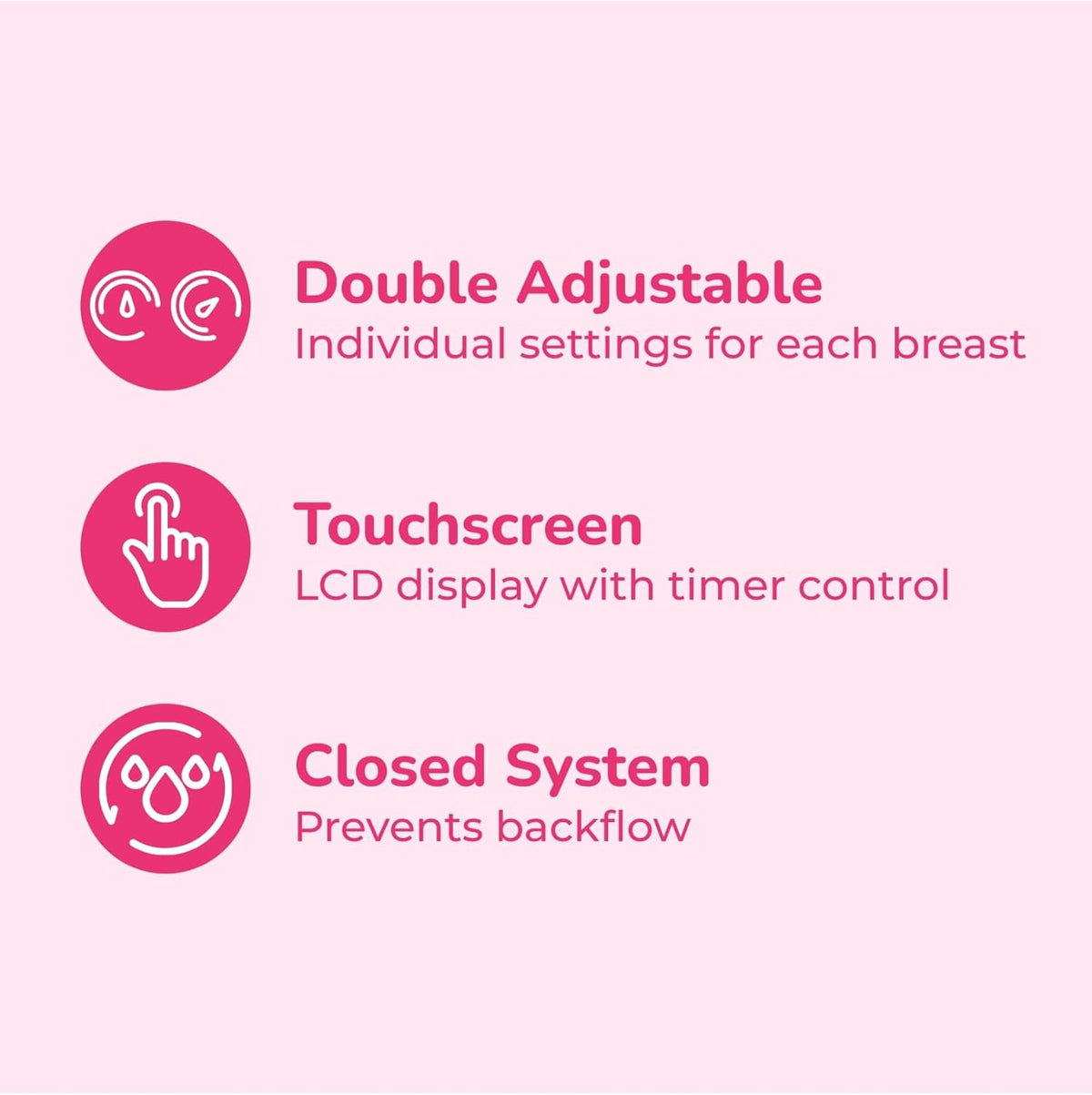Spectra graphic: double adjustable settings for each breast, touchscreen timer and closed system