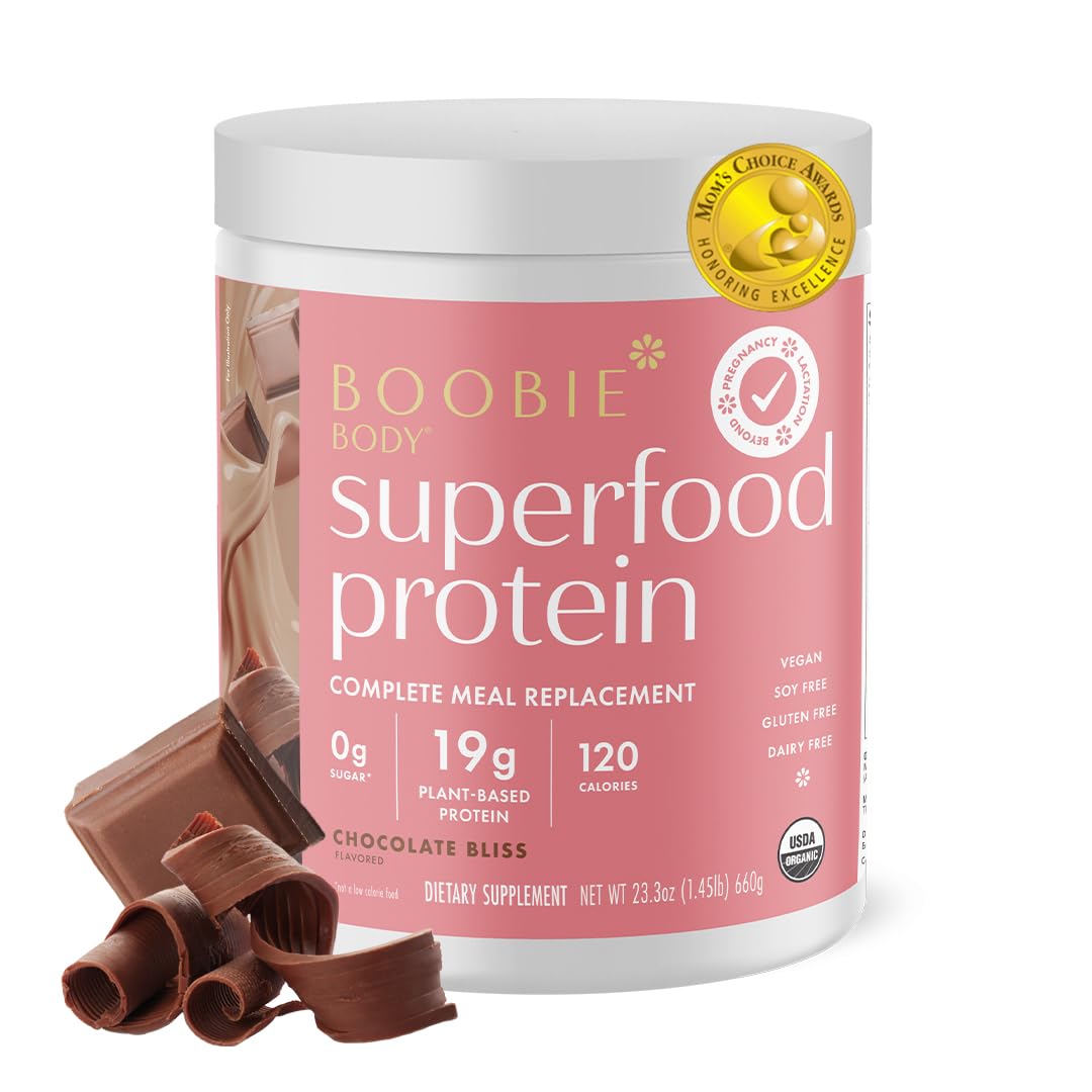 Boobie Body superfood protein tub, Chocolate Bliss, 19 g plant protein, 0 g sugar, 120 calories, USDA Organic