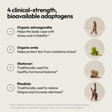 4 clinical-strength bioavailable adaptogens: organic ashwagandha, amla, shatavari, rhodiola for stress relief supplements for women.
