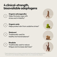 4 clinical-strength bioavailable adaptogens: organic ashwagandha, amla, shatavari, rhodiola for stress relief supplements for women.