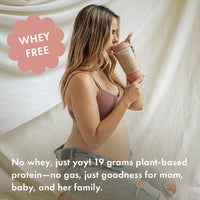 Pregnant woman drinking a Boobie Body shake from a shaker bottle, whey free with 19 grams of plant-based protein