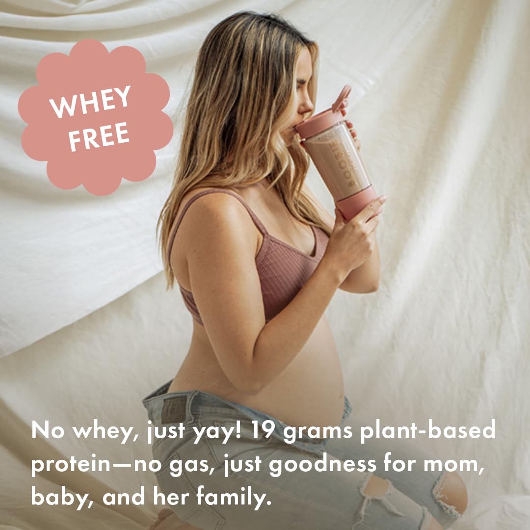 Pregnant woman drinking a Boobie Body shake from a shaker bottle, whey free with 19 grams of plant-based protein