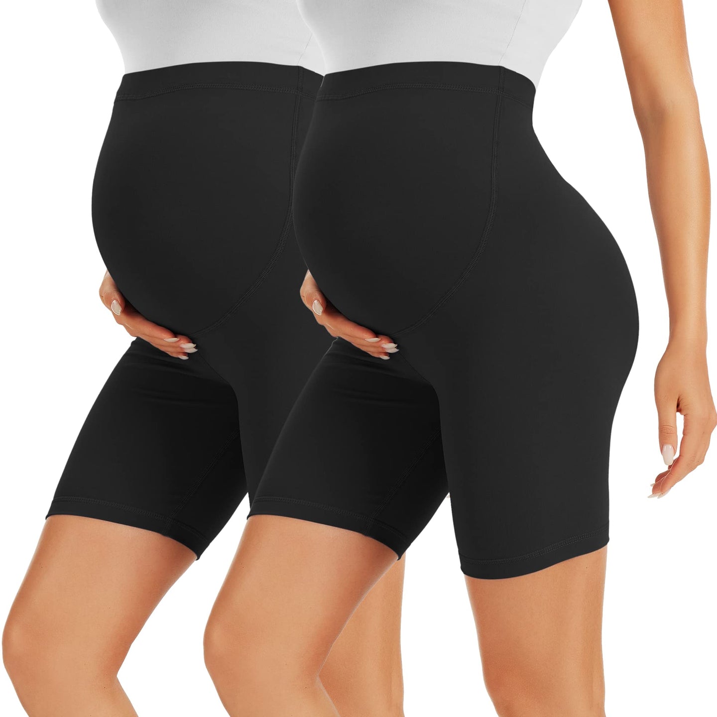 Maternity biker shorts in black, designed for comfort during pregnancy, featuring a high waist and stretchy material.