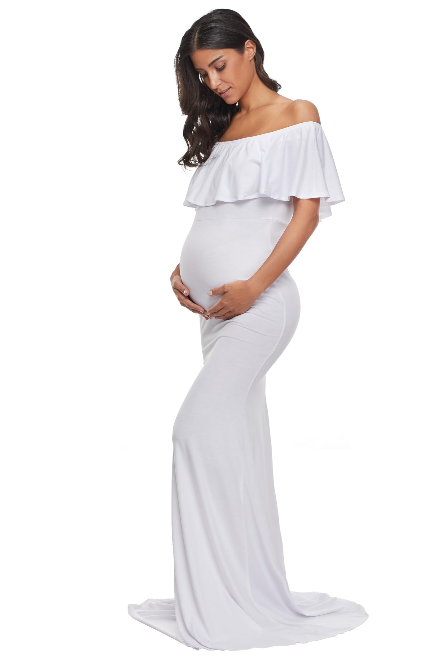 Maternity photoshoot dress with off-shoulder ruffle gown design, perfect for showcasing pregnancy elegantly.