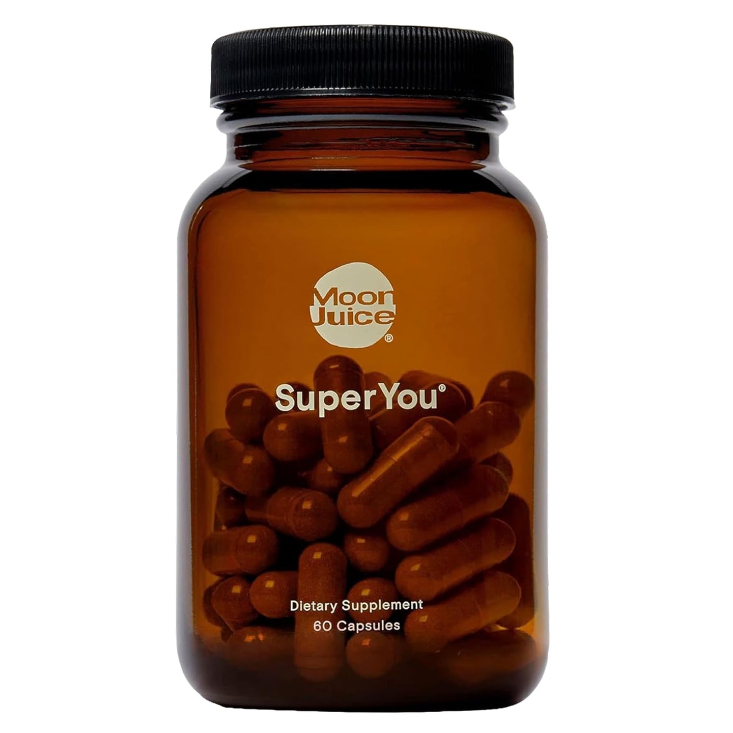 Moon Juice SuperYou capsules in an amber bottle, a top stress relief supplements for women.