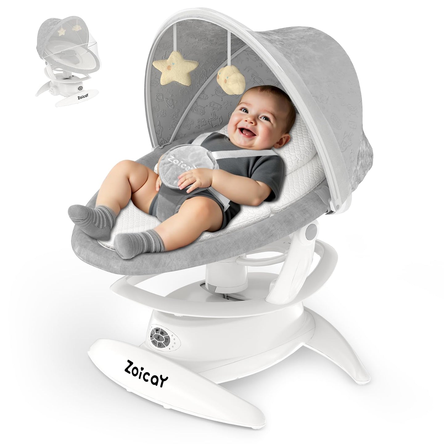 Baby swing for infants featuring a smiling baby in a gray Zoicay 3-in-1 Motion Detect Swing with hanging toys.