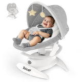 Baby swing for infants featuring a smiling baby in a gray Zoicay 3-in-1 Motion Detect Swing with hanging toys.