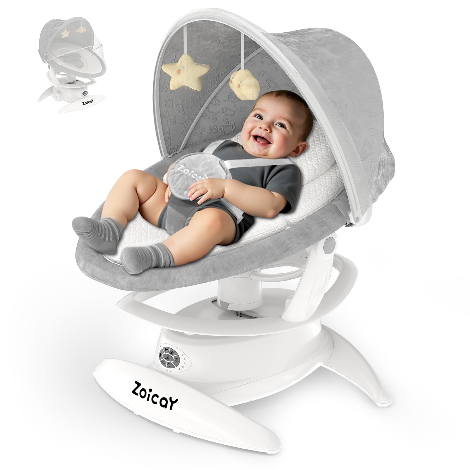 Baby swing for infants featuring a smiling baby in a gray Zoicay 3-in-1 Motion Detect Swing with hanging toys.