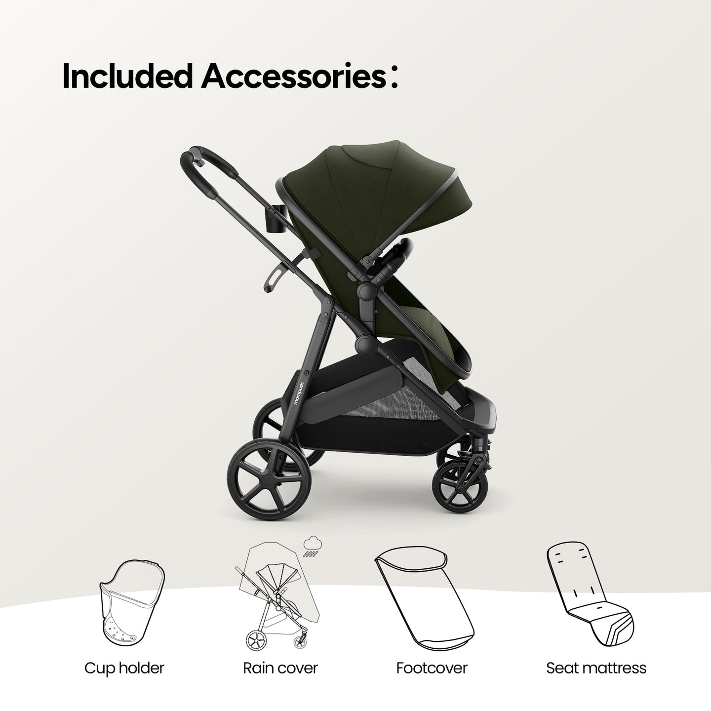 Convertible bassinet stroller with included accessories: cup holder, rain cover, footcover, seat mattress.