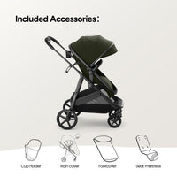 Convertible bassinet stroller with included accessories: cup holder, rain cover, footcover, seat mattress.